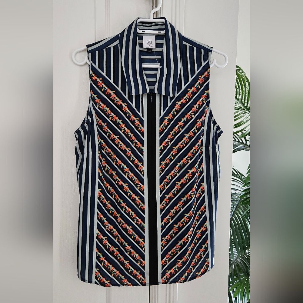 CAbi Navy and White Striped Floral Sleeveless Shirt